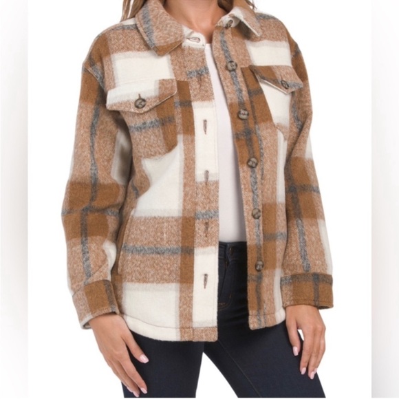 Avec Les Filles Plaid Shacket Jacket Button Up Brown Cream - Small - Picture 1 of 9